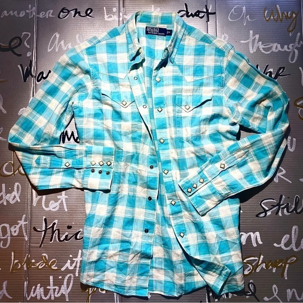 🤠💎 Polo Ralph Lauren Men’s S Western Plaid Shirt Snap Front Turquoise & White 🐎